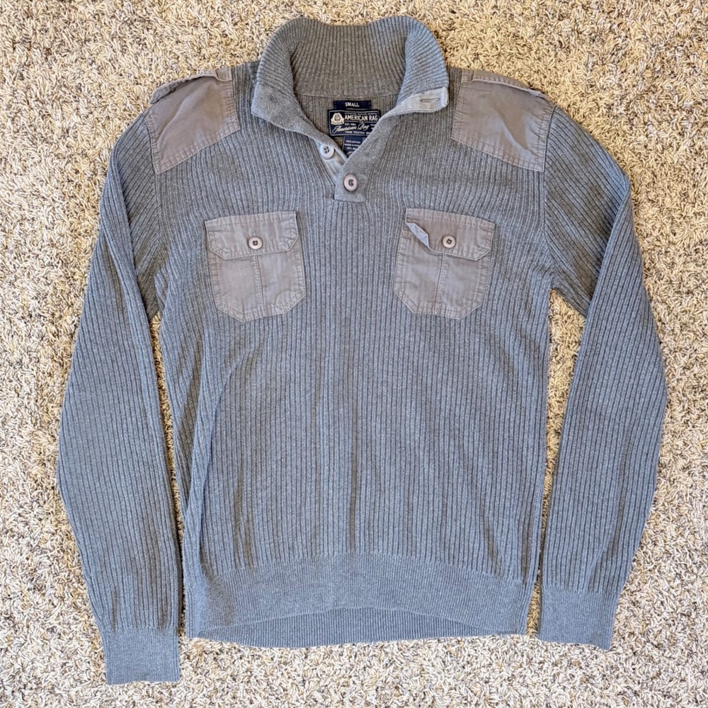 American Rag Mens Grey Ribbed Military Henley Sweater Epaulets Small